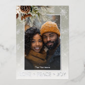 松と銀の雪の緑の写真クリスマス 箔シーズンカード (正面)