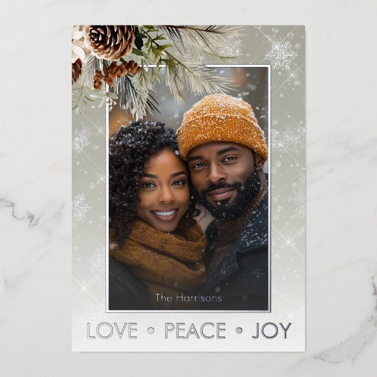 松と銀の雪の緑の写真クリスマス 箔シーズンカード (正面)