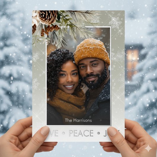 松と銀の雪の緑の写真クリスマス 箔シーズンカード