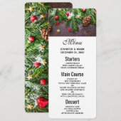 松と雪のある素朴なクリスマス テーブル 招待状 (正面/裏面)