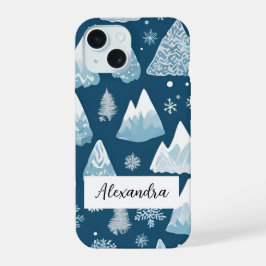 松と雪の山と雪片 iPhone 15ケース