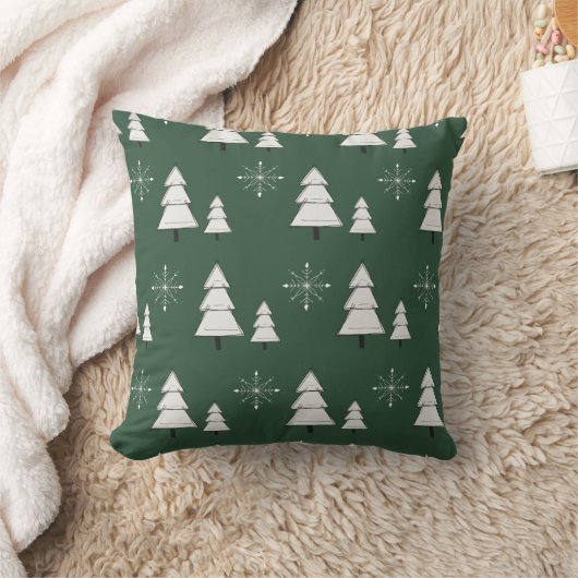 松と雪の結晶と緑のクリスマスピロー クッション (ブランケット)