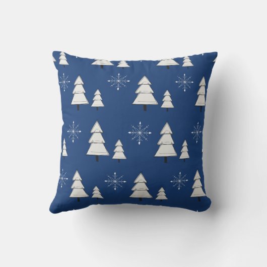 松と雪片の青いクリスマスの枕 クッション (裏面)