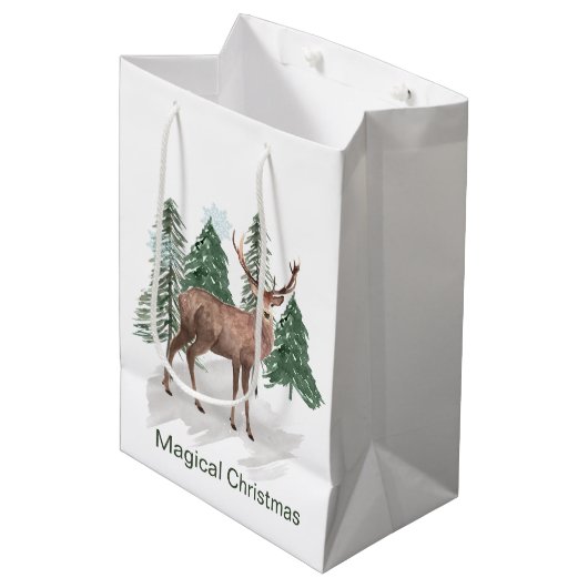 松と鹿のクリスマスの冬の風景 ミディアムペーパーバッグ (正面アングル)