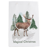 松と鹿のクリスマスの冬の風景 ミディアムペーパーバッグ (正面)