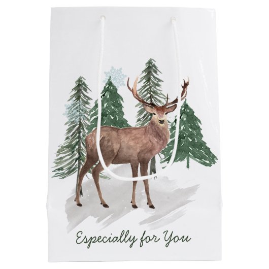 松と鹿のクリスマスの冬の風景 ミディアムペーパーバッグ (裏面)