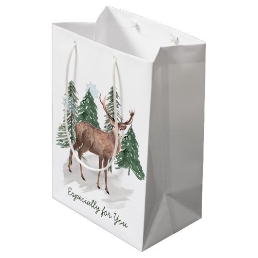 松と鹿のクリスマスの冬の風景 ミディアムペーパーバッグ (裏面アングル)
