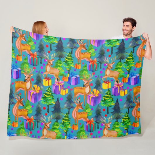 松と鹿の模様 フリースブランケット (インサイチュ)