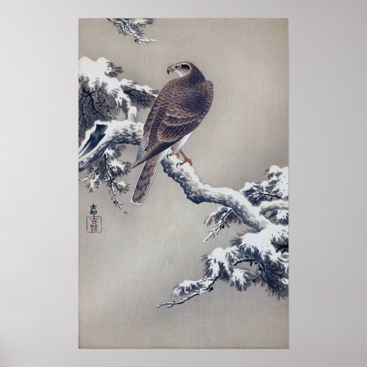 松に鷹, 古邨 Hawk on Pine tree, Ohara Koson, Woodcut ポスター (正面)