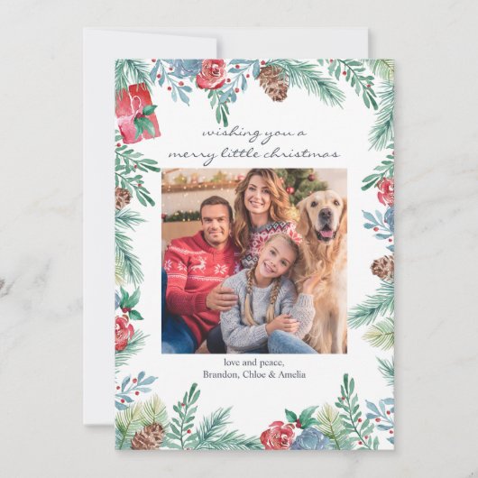 松のコーンとクリスマスフラワーフレーム写真 シーズンカード (正面)