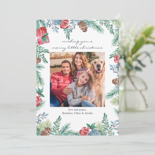 松のコーンとクリスマスフラワーフレーム写真 シーズンカード (スタンド正面)