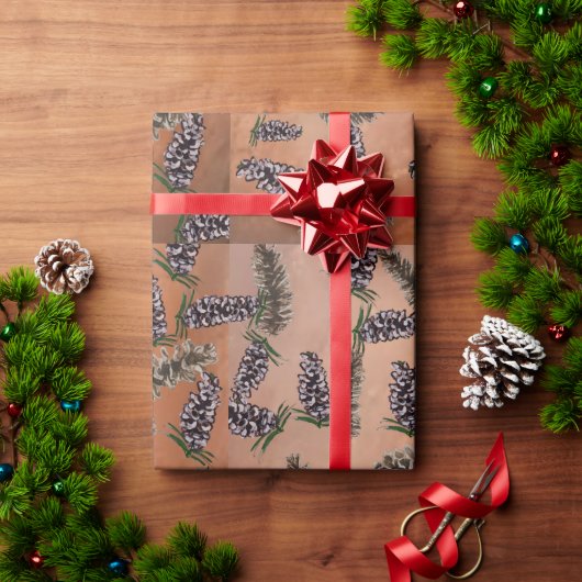 松のコーンとスパイスしたオレンジ ラッピングペーパー (クリスマスギフト)