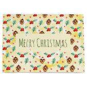 松のコーンとヒイラギの模様メリークリスマス ラージペーパーバッグ (正面)