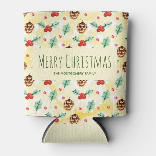 松のコーンとヒイラギの模様メリークリスマス 缶クーラー (正面)