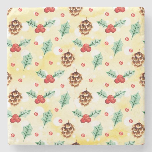 松のコーンとホリーのクリスマスパターン ストーンコースター (正面)