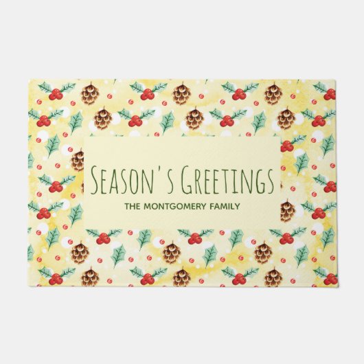 松のコーンとホリーのクリスマスパターン ドアマット (正面)