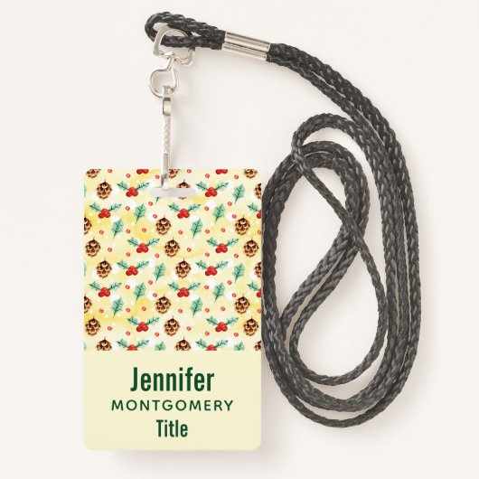 松のコーンとホリーのクリスマスパターン バッジ (裏面ランヤード)