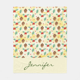 松のコーンとホリーのクリスマスパターン フリースブランケット