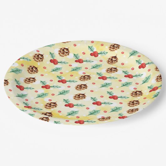 松のコーンとホリーのクリスマスパターン ペーパープレート (アングル)