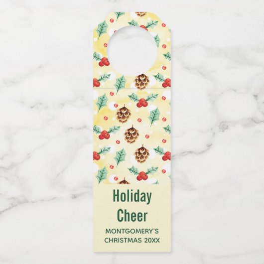 松のコーンとホリーのクリスマスパターン ボトルネックタグ (正面)