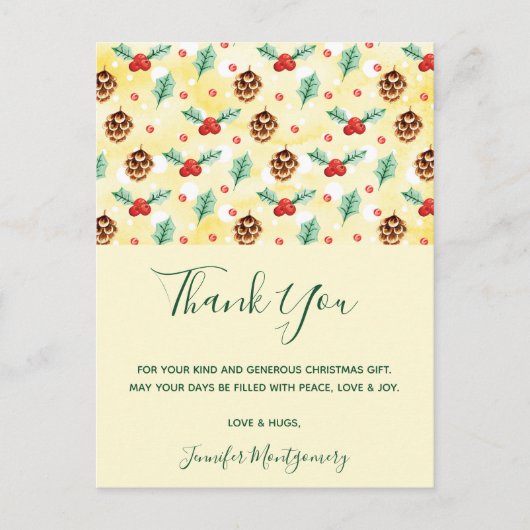 松のコーンとホリーのクリスマスパターン ポストカード (正面)