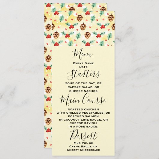 松のコーンとホリーのクリスマスパターン 招待状 (正面/裏面)