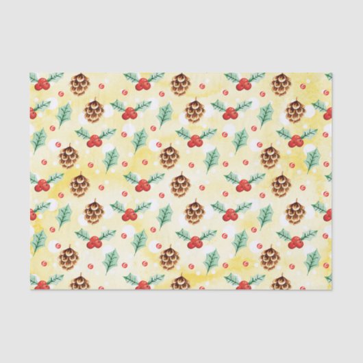 松のコーンとホリーのクリスマスパターン 薄葉紙 (正面)