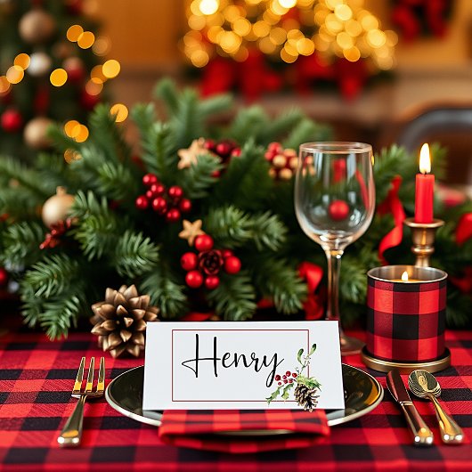 松のコーンとホリーのクリスマス プレイスカード