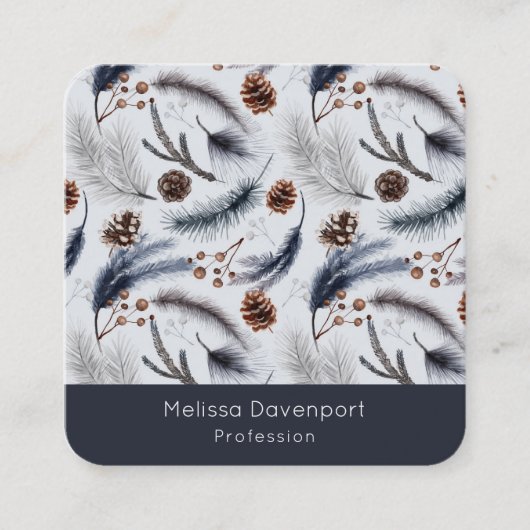 松のコーンと松の針冬のパターン スクエア名刺 (正面)