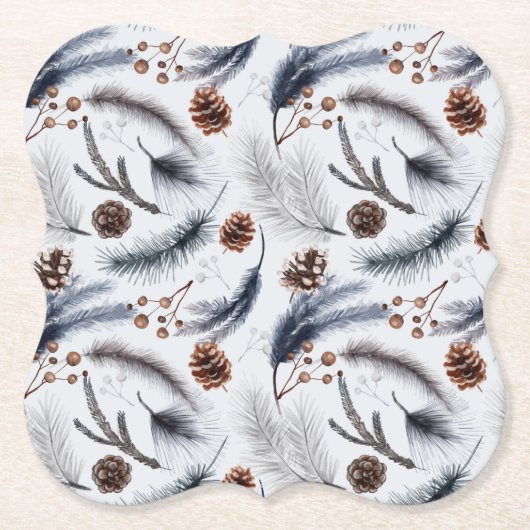 松のコーンと松の針冬のパターン ペーパーコースター (正面)