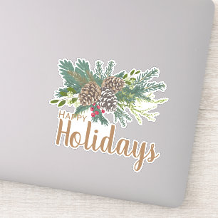 松のコーンと緑のハッピーホリデー シール