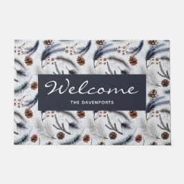 松のコーンと針の水の色のパターンへようこそ ドアマット