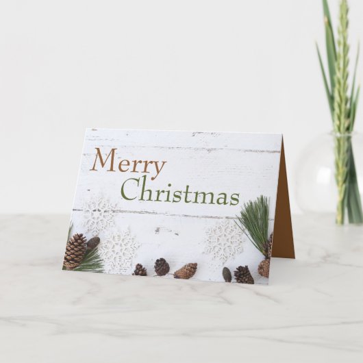 松のコーンと雪片、クリスマスグリーティング カード (正面)