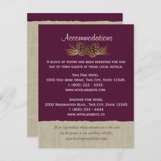 松のコーンとBurlap情報カードプラム エンクロージャーカード (正面/裏面)