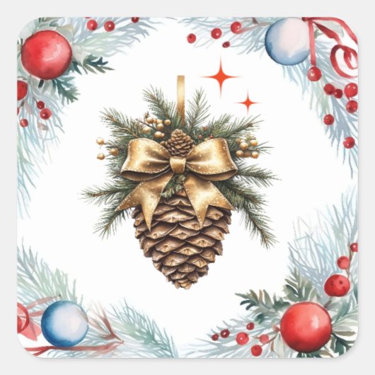 松のコーンリースとオーナメント スクエアシール (正面)