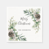 松のコーン白い緑のクリスマスパーティー スタンダードカクテルナプキン (正面)