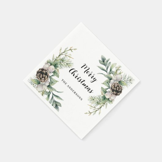 松のコーン白い緑のクリスマスパーティー スタンダードカクテルナプキン (角)