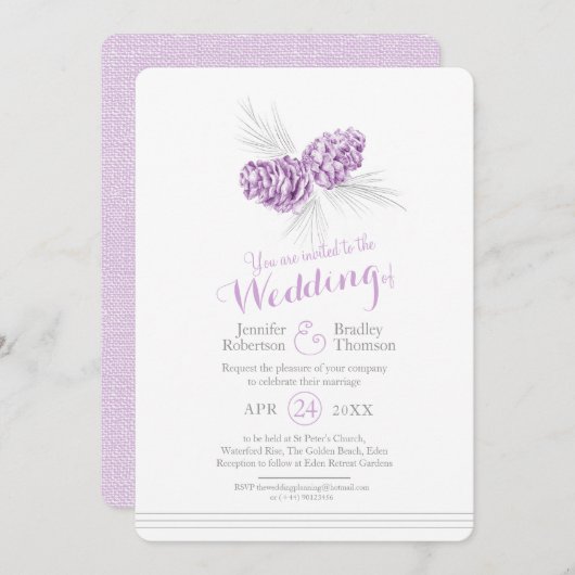 松のコーン芸術スケッチ紫結婚灰色 招待状 (正面/裏面)