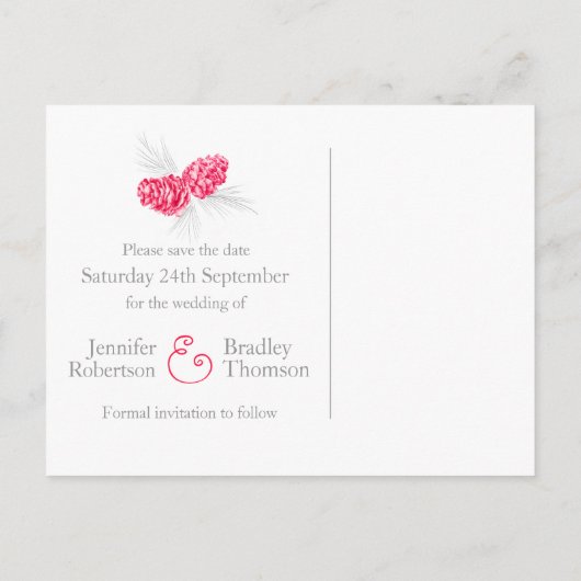 松のコーン赤のカードを結婚保存する 案内ポストカード (裏面)