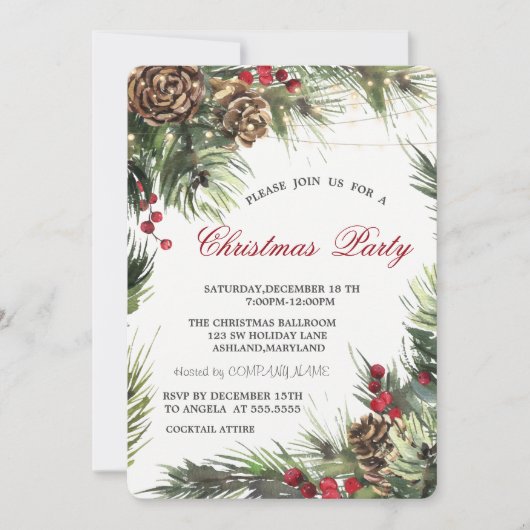 松のコーン、松の木の枝クリスマスパーティー 招待状 (正面)