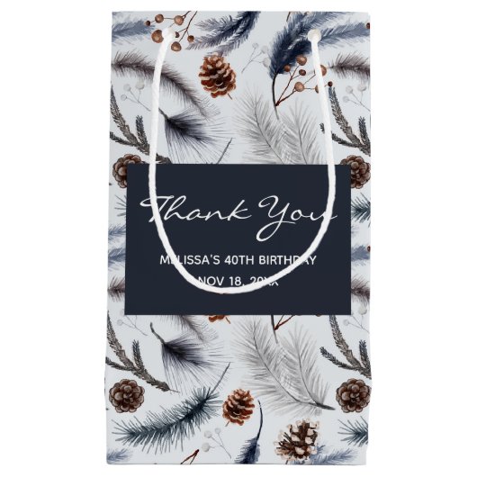 松のコーン&松の針冬のパターンありがとう スモールペーパーバッグ (正面)