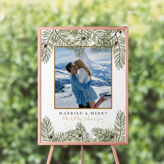 松のコーン&金ゴールドのクリスマス結婚の葉の歓迎 ポスター