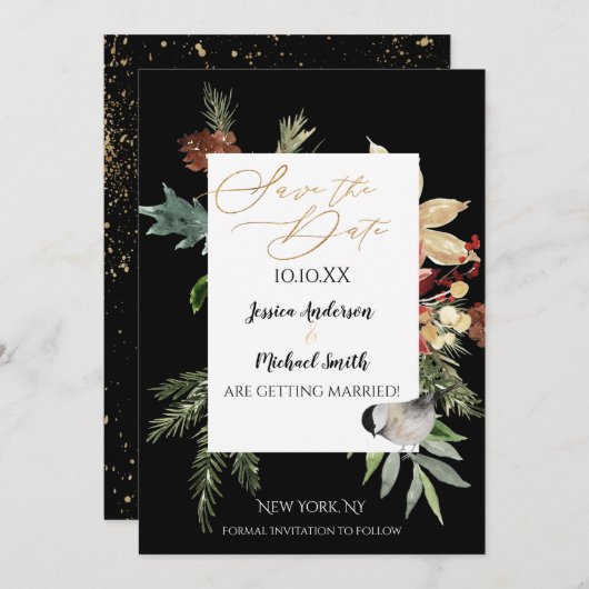 松のフローラ金ゴールド冬の日付を保存 招待状 (正面/裏面)