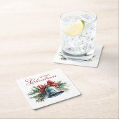 松のブランチとクリスマスベルメリークリスマス スクエアペーパーコースター (インサイチュ)