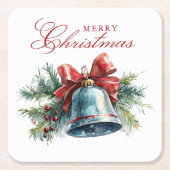 松のブランチとクリスマスベルメリークリスマス スクエアペーパーコースター (正面)
