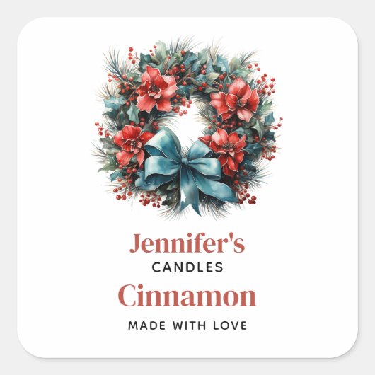 松のリースとホリークリスマスキャンドルクラフティング スクエアシール (正面)