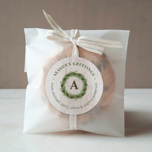 松のリースのイニシャル　メリークリスマス ラウンドシール