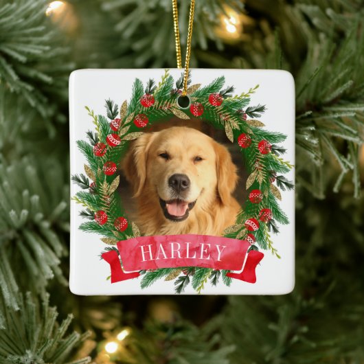 松のリースの犬の写真 セラミックオーナメント (ツリー)