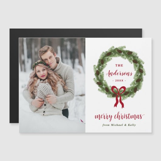 松のリース メリークリスマス マグネット写真カード (正面/裏面)