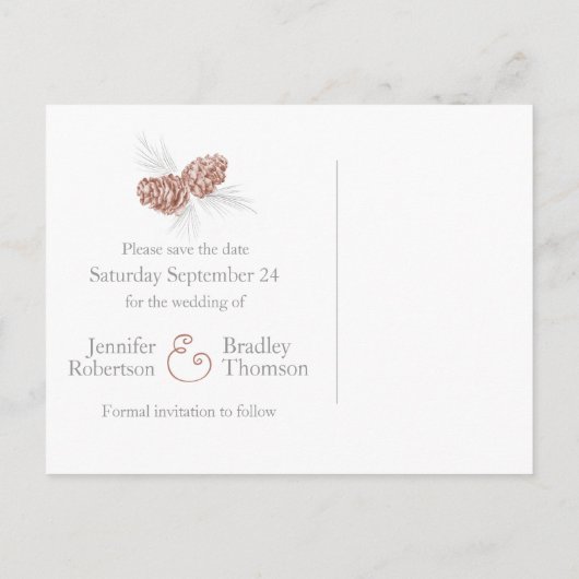 松の円錐のカード結婚を保存 案内ポストカード (裏面)